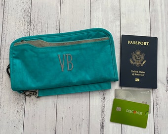 Personalized RFID Travel Passport Wallet & Documents Organizer/Zipper Case with Removable Wristlet Strap