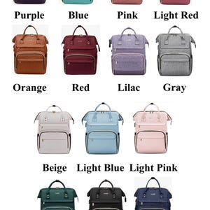 May include: A collection of multi-pocket backpacks in various colors, including purple, blue, pink, light red, orange, red, lilac, gray, beige, light blue, light pink, green, black, and navy. Each backpack has a top handle and front pocket. The colors are labeled below each bag.