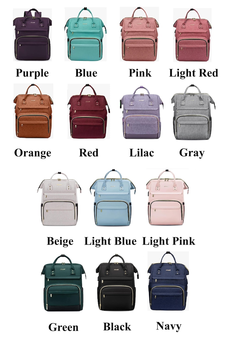 May include: A collection of multi-pocket backpacks in various colors, including purple, blue, pink, light red, orange, red, lilac, gray, beige, light blue, light pink, green, black, and navy. Each backpack has a top handle and front pocket. The colors are labeled below each bag.