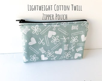 Sew Love Lightweight cotton twill zipper pouch, Handmade, zipper pouch, pen pouch, sewing pouch, makeup pouch, pouch