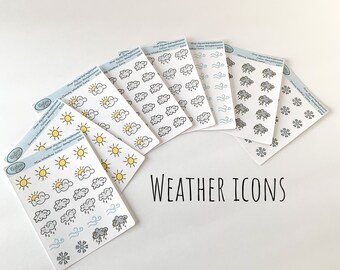 Hand drawn Weather Icon Planner Stickers, Sunny Weather Icon, Partly Cloudy Icon, Cloudy Icon, Rainy Icon, Thunderstorm Icon, Windy Icon