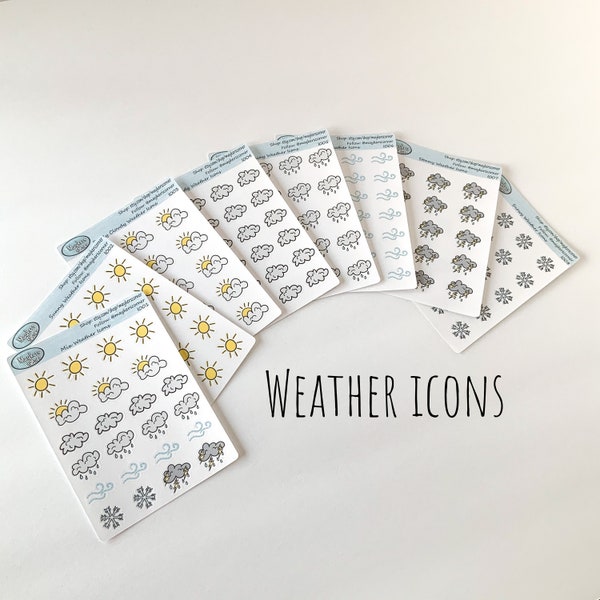 Hand drawn Weather Icon Planner Stickers, Sunny Weather Icon, Partly Cloudy Icon, Cloudy Icon, Rainy Icon, Thunderstorm Icon, Windy Icon