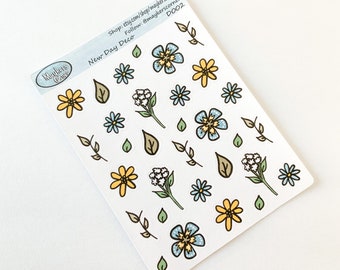 New Day Deco, hand drawn stickers, Planner stickers, decorative stickers, flower stickers, nature stickers, blue and yellow stickers, plan
