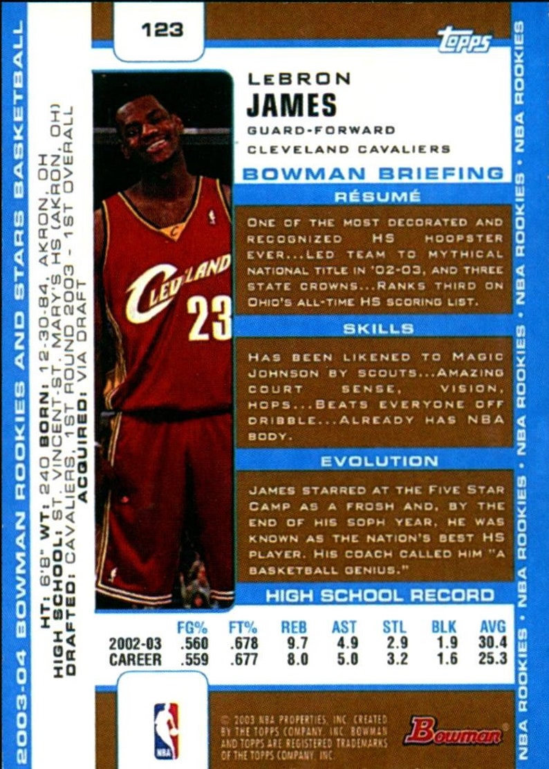 Lebron James 2003-04 Bowman Chrome 123 Rookie Reprint Card | Etsy