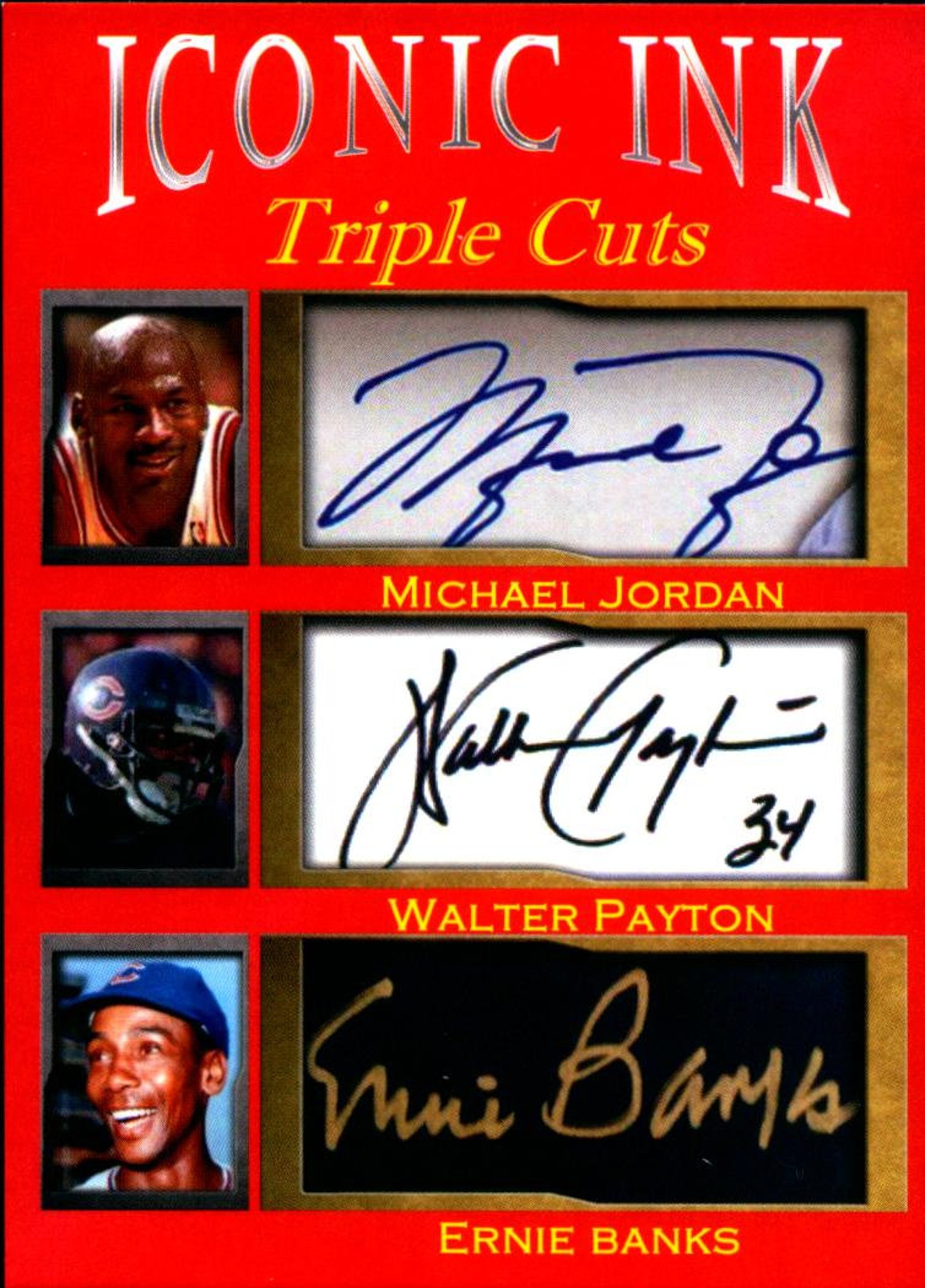 Michael Jordan Walter Payton Ernie Banks Iconic Ink Triple Cuts