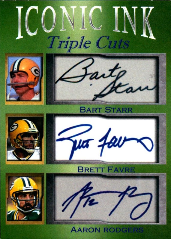 Bart Starr Brett Favre Aaron Rodgers Iconic Ink Triple Cuts facs auto  1/1000 Green Bay Packers Mint