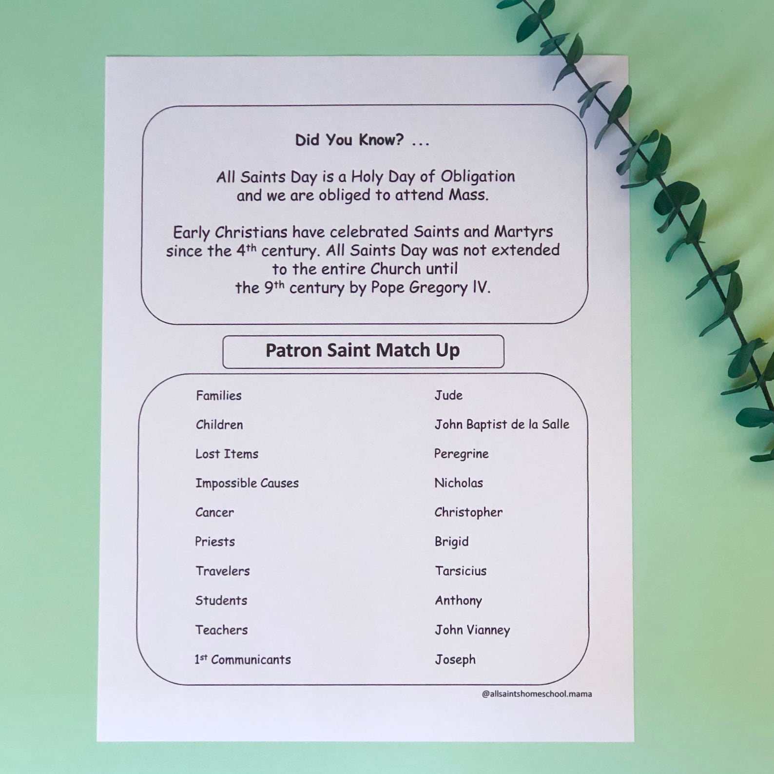 Free Printable All Saints Day Worksheets