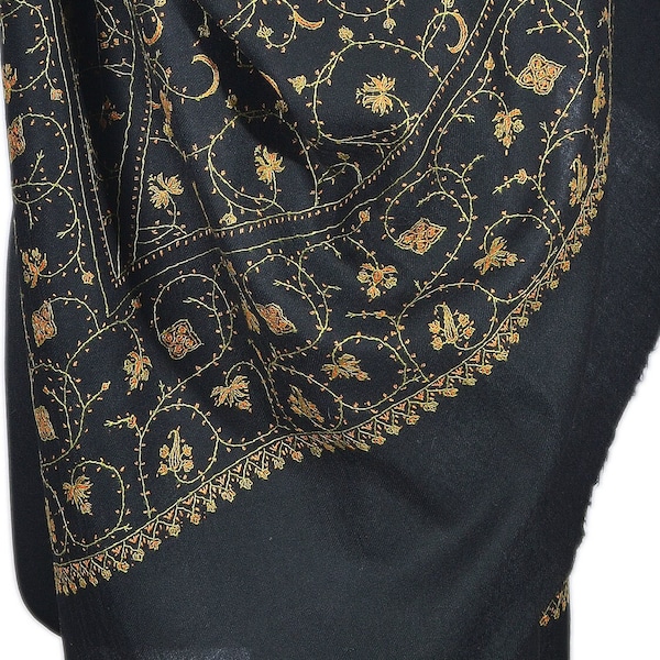 BLACK Sozni Embroidery Wrap. Pure Pashmina Shawl. Intricate Hand Embroidered Scarf. Designer Kashmiri Shawls. Needlework Scarves 100x200cm