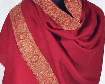 ChÃ¢le Pashmina 100% Cachemire - Rouge Profond BrodÃ© Main Sozni - Motif Paisley - Franges - Neuf Avec Ã©tiquettes, IdÃ©al Mariage Ou Cadeau