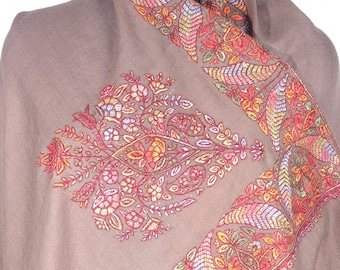 Taupe Brown Large Kashmiri Embroidered Shawl. Multicolor Border Embroidery Wrap. 100% Cashmere Pashmina Unisex Shawl Made in Kashmir 40x80in