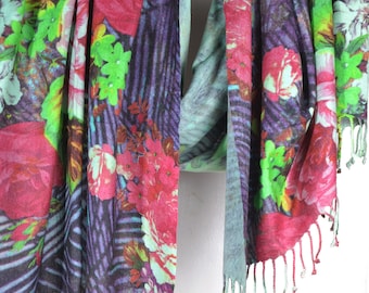 Multicolor Floral Pashmina Winter Shawl Fine Art Print Soft Warm 100% Cashmere Botanical Woman's Scarf Flower Garden Scarves Gift for Her