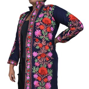 NAVY BLUE Long Coat, Floral Hand Embroidery, Evening Jacket, Indian Wedding Sherwani, Bohemian Coat, 100% Wool Handmade Embroidered Jacket