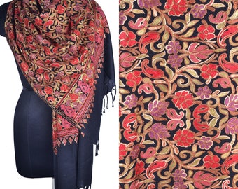 BLACK Floral 100% Wool Scarf. Hand Embroidery Wrap. Kashmiri Pashmina Crewel Embroidered Shawl. Flowers & Paisleys Stole for Her 75x200cm