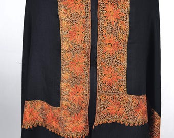 Black Hand Embroidered Floral Shawl. Soft 100% Cashmere Scarf. Statement Wrap. Border Embroidery Pashmina. Made in Kashmir Gift 100x200cm