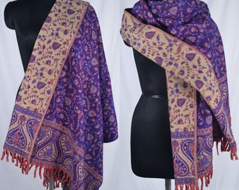 Yak Wool Handmade Violet-Purple Creme Designer Shawl Thick Warm Blanket Travel Wrap Meditation Soft Scarf Unisex Special Gift 100x200cm