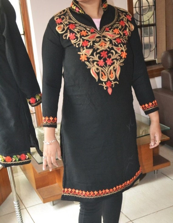 BLACK Kashmiri Long Handmade 100% Wool Floral Hand Embroidered  Wedding Traditional Boho Ethnic Coat