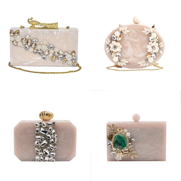 Beige Luxury Embellished Clutch Bag Bridal Clutches for Wedding Acrylic Hand Bag for Women