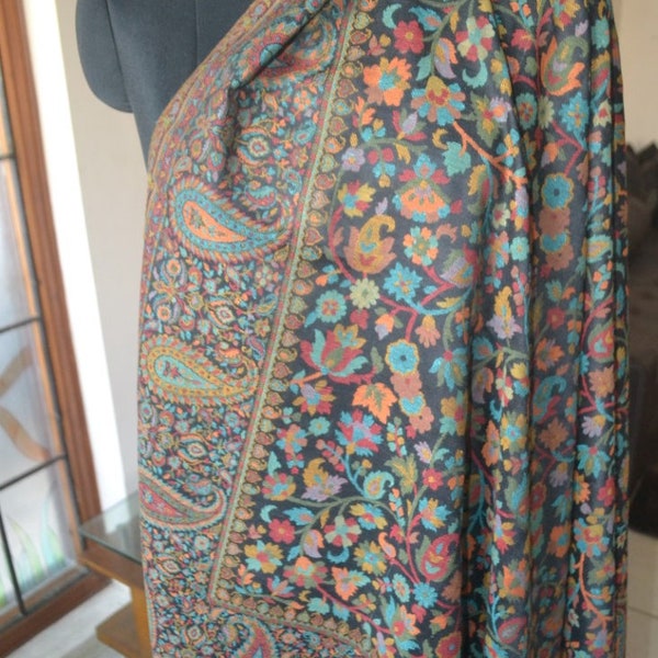 Gift to GENTS. XL Pashmina Kani Weave Shawl. Oversized Woolen Wrap. Handmade Jamavar THROW Travel Blanket. Unique Paisley. 50x100in