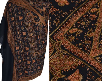 Black HAND EMBROIDERED Kashmiri Sozni Needlework Shawl. Soft Warm Handmade Pure Pashmina Wrap. All Over Embroidery Made in Kashmir 100x200cm