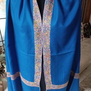 peacock blue Pashmina Scarf. Floral Border Sozni Hand Embroidery. Festival Handmade Pashmina. Original Shawl. Boho Wrap 100x200cm