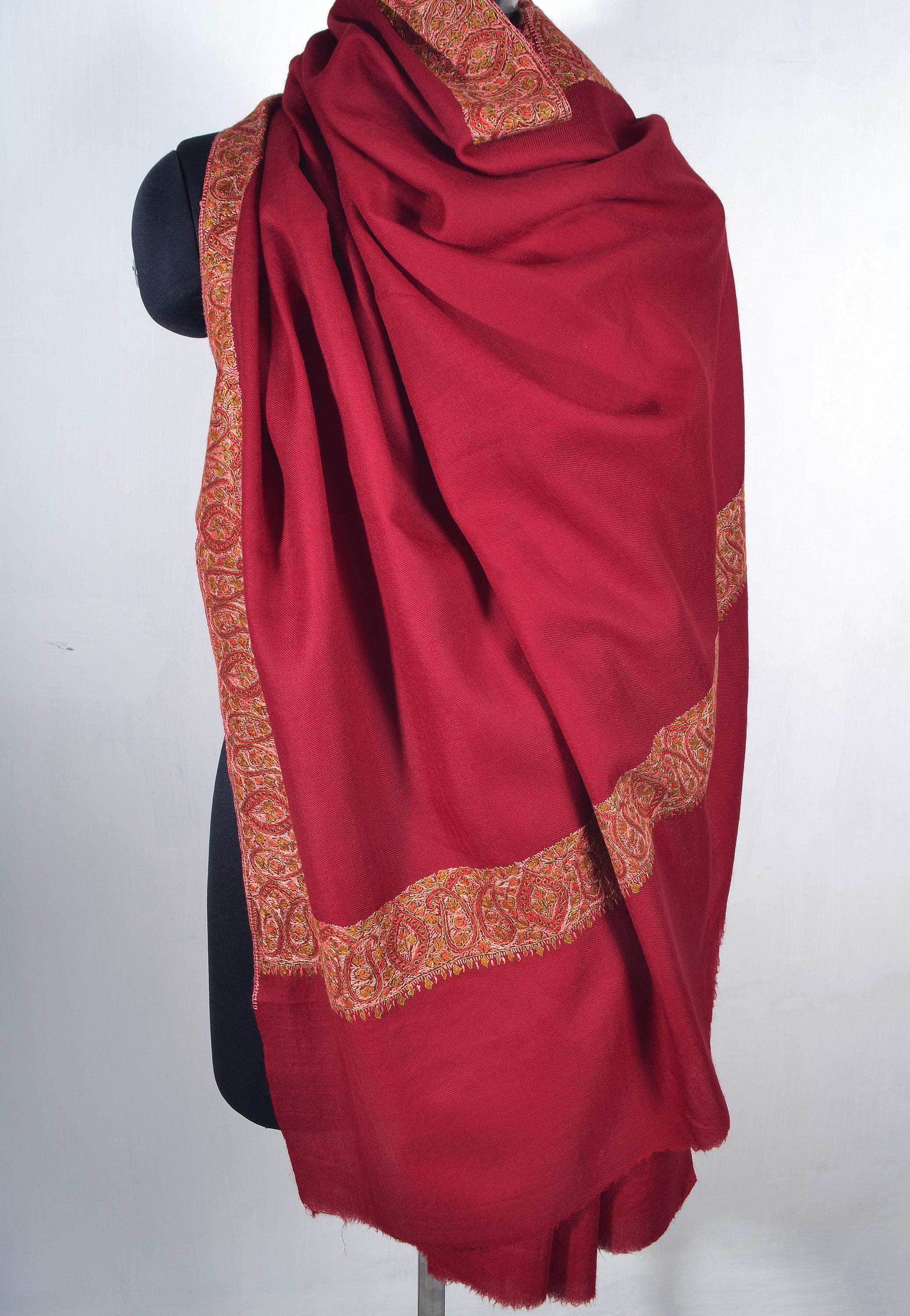 Grand Châle Pashmina En Cachemire Pur Rouge Foncé Brodé Sozni - Fait Main En Inde - Neuf Avec étiquettes