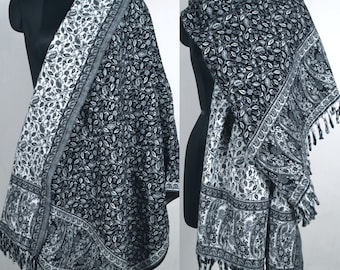 Yak Wool Large Handmade Reversible Shawl. Black & White Blanket Warm Travel Wrap. Soft Meditation Tibetan Throw Yoga Gifts 100x200cm