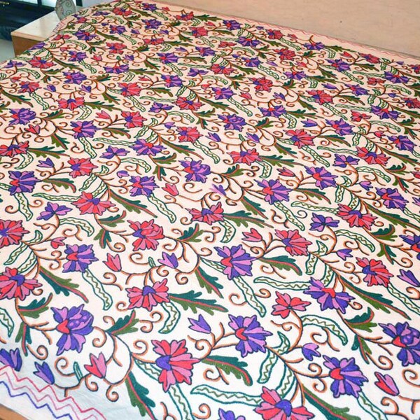 ETHNIC NEW Crewel Embroidered Indian Kingsize Bedding BEDCOVER Kashmir Handicraft Bedspread  100% Cotton