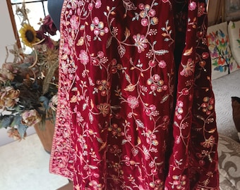 Indian Royal wedding Maroon Red Shawl EMBROIDERED Velvet Wrap. All Over Embroidery Throw. Paisley Design Handmade Large throw 34x96in