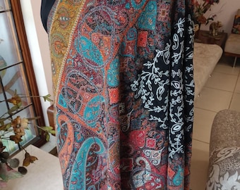 wedding Gift XL Pashmina Antique Gift crewel embroidered Shawl Oversized woollen. Handmade KANI Jamavar Throw Travel Wrap Paisley. 40x80in