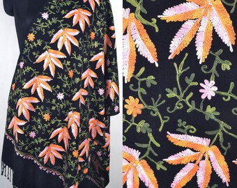 Black Shawl. Hand Embroidered 100% Cashmere Scarf. Soft Warm 2ply Pure Pashmina Wrap. Autumn Maple Leaf Crewel Embroidery Scarves 75x200cm
