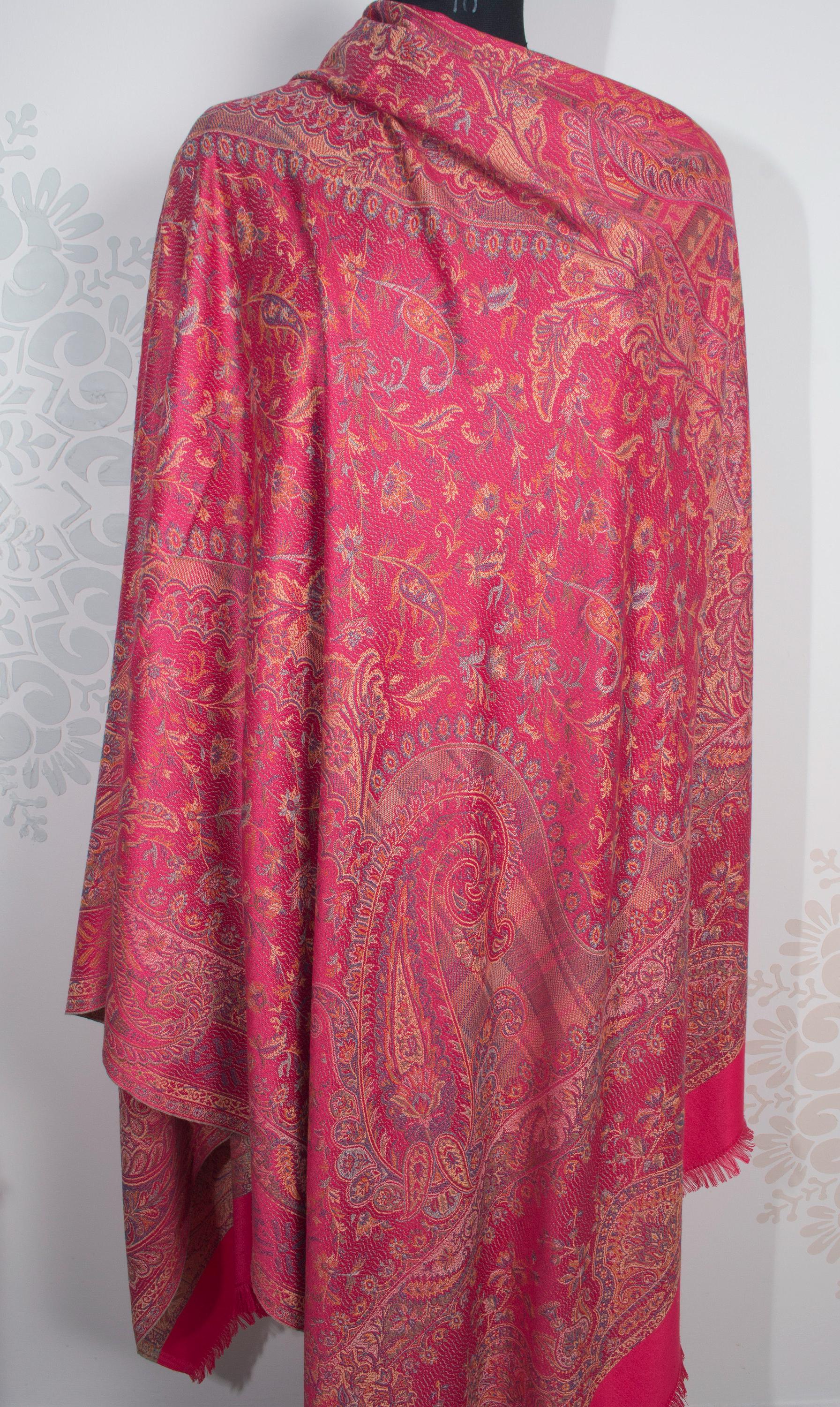 Fuchsia Pink Reversible Jacquard Paisley Shawl. Wool Cotton Blend Soft Smooth Jamavar Wrap. Unique All Seasons Handwoven Scarf 40x80in