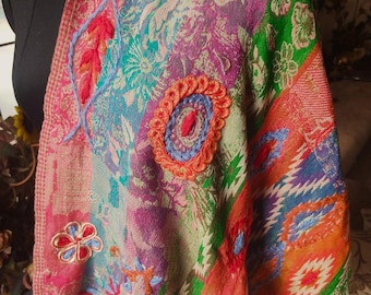 100% Merino wool Jacquard Wrap. Handmade Boiled Wool Stole 28x72in. Hand Embroidered Yoga Shawl. Paisley Pashmina Meditation Scarf