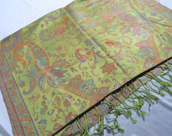 GREEN Handmade Reversible Scarf. 100% Silk Jacquard Stole. Kashmir Jamawar Shawl. Pashmina Jamavar Woven Wrap. Bohemian Gift for Her