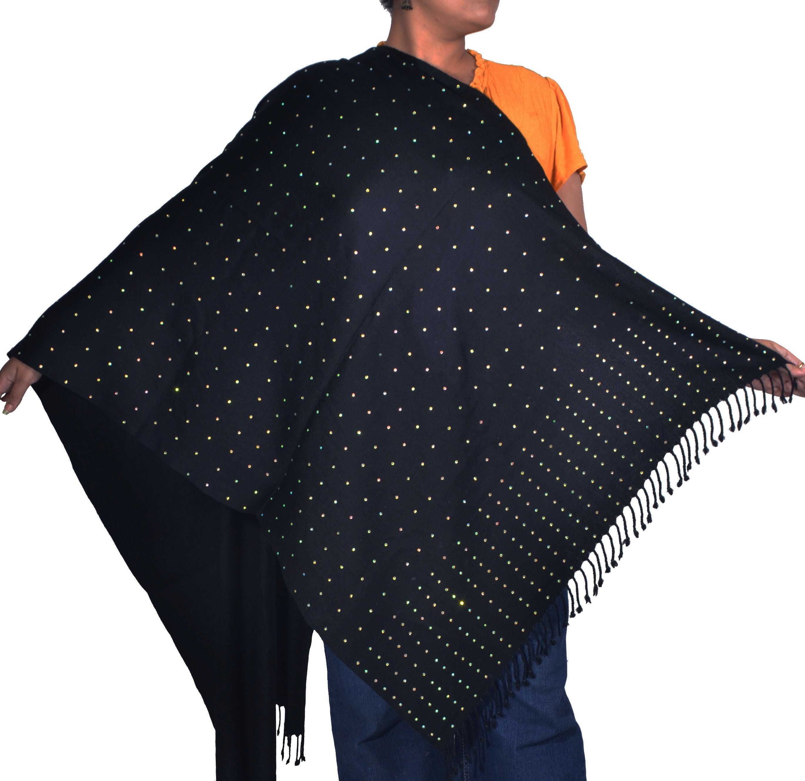 100 perline Grande sciarpa nera in pura pashmina a