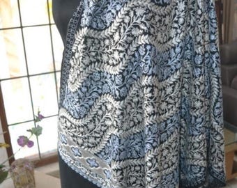 Zari Tilla work Hand Embroidered Scarf.Silky Soft Wrap BLACK Silk Pashmina Shawl. Kashmiri stole All Over Embroidery . Gift WEDDING 75x200cm