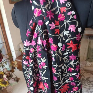 Floral colorful Hand Embroidered Black Scarf Kashmiri Pashmina merino Cashmere blend Neckscarf Crewel Embroidery Soft  Scarves Gift