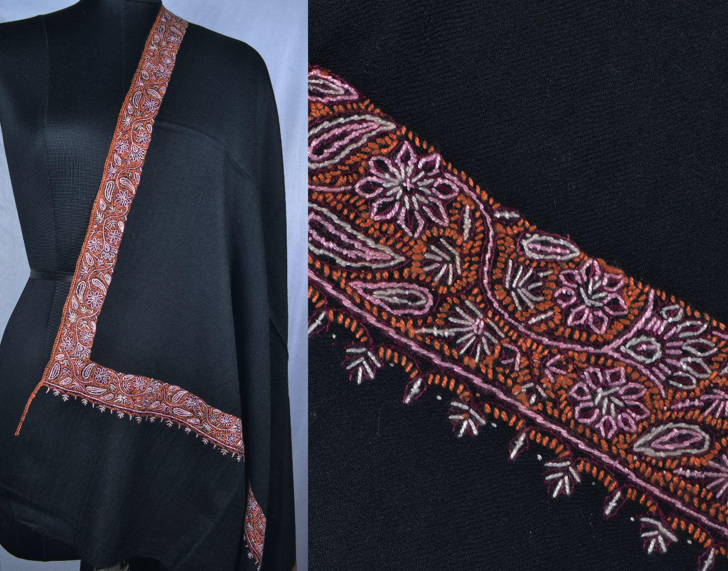 Large Black Sozni Hand Embroidered Shawl. Gorgeous Border Pashmina. 100% Cashmere Handloomed Wrap. Special Gift Made in Kashmir 40x80in