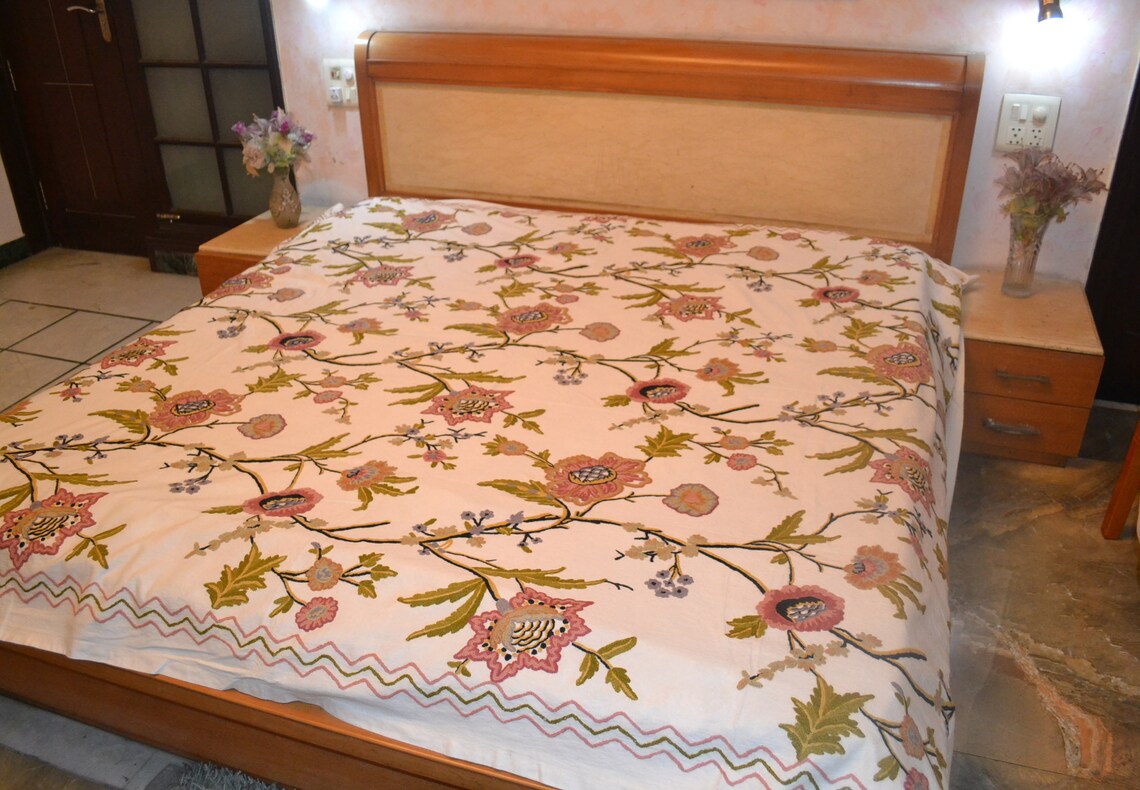 Traditional Crewel Embroidered Indian Kingsize Bedding Kashmir Etsy