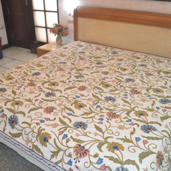 Traditional Crewel Embroidered Indian Kingsize Bedding  Kashmir Handicraft Bedspread  Tagesdecke 100% Cotton