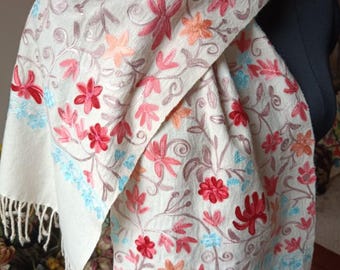 Floral Hand Embroidered white Scarf Kashmiri Pashmina 100% merino wool Crewel Embroidery Soft  Scarves Gift 12&quot;x60&quot;inch