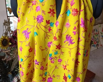 100% pure merino wool Scarf, Hand Embroidered Pashmina, Kashmiri Crewel Embroidery Neckscarf, Soft Muffler, mother Gift, 12&quot;x60&quot;inch