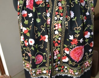 BLACK Floral Hand Embroidered Scarf Kashmiri Pashmina 100% merino wool Crewel Embroidery Soft  Scarves Christmas Gift 12"x60"inch