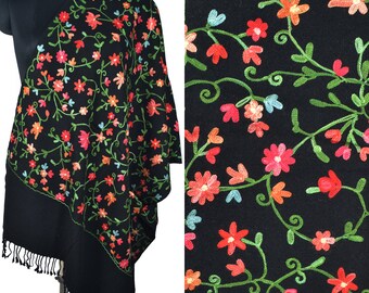 BLACK Pure Pashmina Shawl with Colorful Floral Embroidery. Kashmiri Crewel Embroidered Wrap. Handmade Flower Garden Scarf for Her 65x190cm