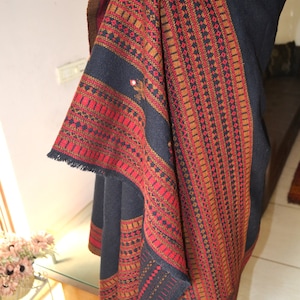 Indian Vintage Tribal Handmade Mirror Work Wool Blend Tasseled Scarf Shawl Wrap