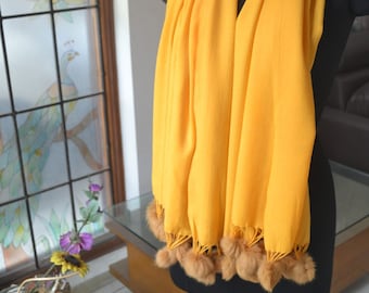 Solid Color Scarf. Pashminas with Soft (Faux Mink) Fur Balls on Tassels. Pure 100% Pashmina Wrap. Fashion Women&#39;s Shawl. 8 Colors available