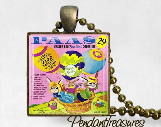 Vintage Easter Egg Dye Box Art Handmade Glass Tile Pendant Necklace