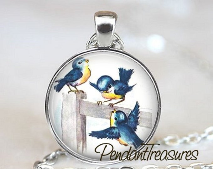 Bluebirds Charm Handmade Glass Photo Art Necklace BLUEBIRD Art Pendant Necklace Blue Bird Jewelry or Keychain