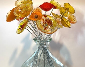Handmade fused glass flower bouquet, glass flower display, glass flower sculpture, hand crafted glass flowers