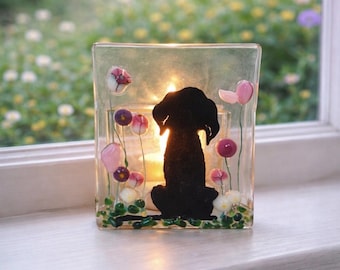 Fused Glass dog Tealight Holder – Handmade Floral Candle Gift – Ideal for Christmas & Birthdays