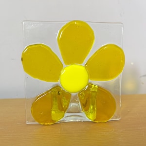 Fused glass xmas candle tea light. Yellow flower.